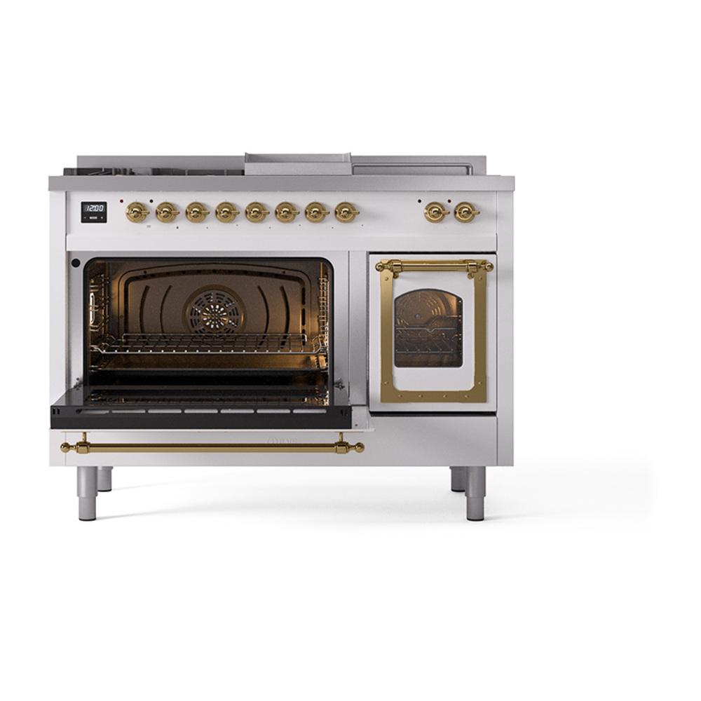 ILVE UN48FSNMPWHGLP Nostalgie II Noblesse 48 inch Dual Fuel Range (5 Sealed Burners + Griddle + French Top, Liquid Propane, Triple Glass Door, White, Brass)