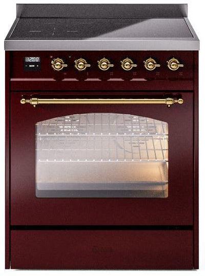 Nostalgie II 30 Inch Electric Freestanding Range in Burgundy with Brass Trim