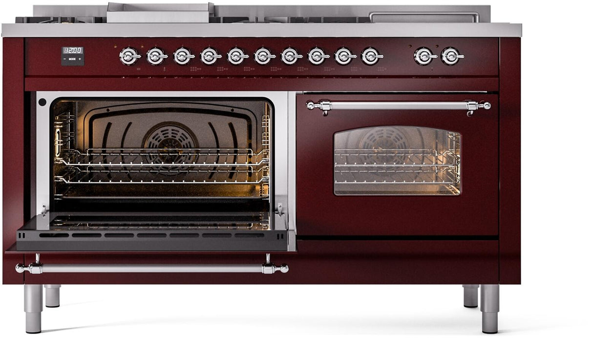 Nostalgie II 60 Inch Dual Fuel Natural Gas Freestanding Range in Burgundy with Chrome Trim