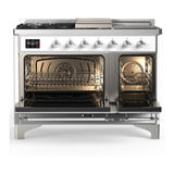 ILVE UM48FSQNR3WHC Majestic III 48 inch Dual Fuel Range with 5 Black Brass Burners, Griddle and French Top, Dual Function Burner up to 25,000 BTU (Natural Gas, Solid Door, White, Chrome)