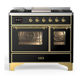 ILVE UMD40FNR3BKGLP Majestic III 40 inch Dual Fuel Range with 6 Burners and Griddle, Dual Function Burner up to 25,000 BTU (Liquid Propane, Triple Glass Door, Glossy Black, Brass)