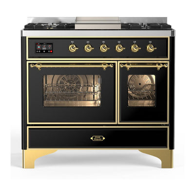 ILVE UMD40FNR3BKGLP Majestic III 40 inch Dual Fuel Range with 6 Burners and Griddle, Dual Function Burner up to 25,000 BTU (Liquid Propane, Triple Glass Door, Glossy Black, Brass)