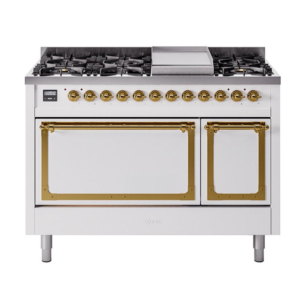 ILVE UN48FQNMPWHGLP Nostalgie II Noblesse 48 inch Dual Fuel Range (8 Sealed Burners + Griddle, Liquid Propane, Solid Door, White, Brass)