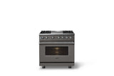 36"W. Dual Fuel Range (Burner: 4g, Finish: Damascus Gray, Trim: Polished Chrome, Fuel: Natural Gas)