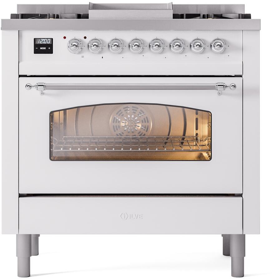 Nostalgie II 36 Inch Dual Fuel Liquid Propane Freestanding Range in White with Chrome Trim