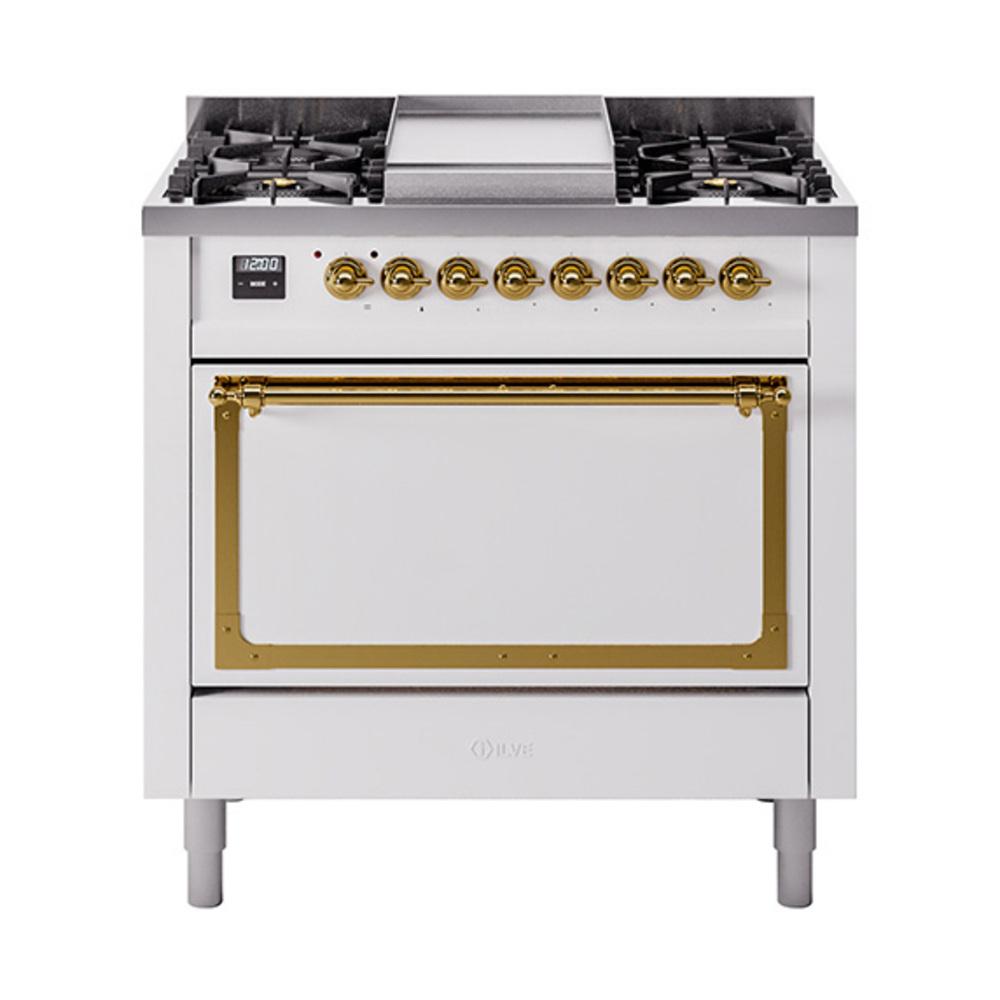 ILVE UN36FQNMPWHG Nostalgie II Noblesse 36 inch Dual Fuel Range (Natural Gas, Solid Door, White, Brass)