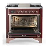 ILVE UM36FNR3BUPLP Majestic III 36 inch Dual Fuel Range with 6 Black Brass Burners and Griddle, Dual Function Burner up to 25,000 BTU (Triple Glass Door, Burgundy, Copper, Liquid Propane)