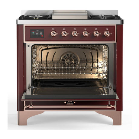 ILVE UM36FNR3BUPLP Majestic III 36 inch Dual Fuel Range with 6 Black Brass Burners and Griddle, Dual Function Burner up to 25,000 BTU (Triple Glass Door, Burgundy, Copper, Liquid Propane)