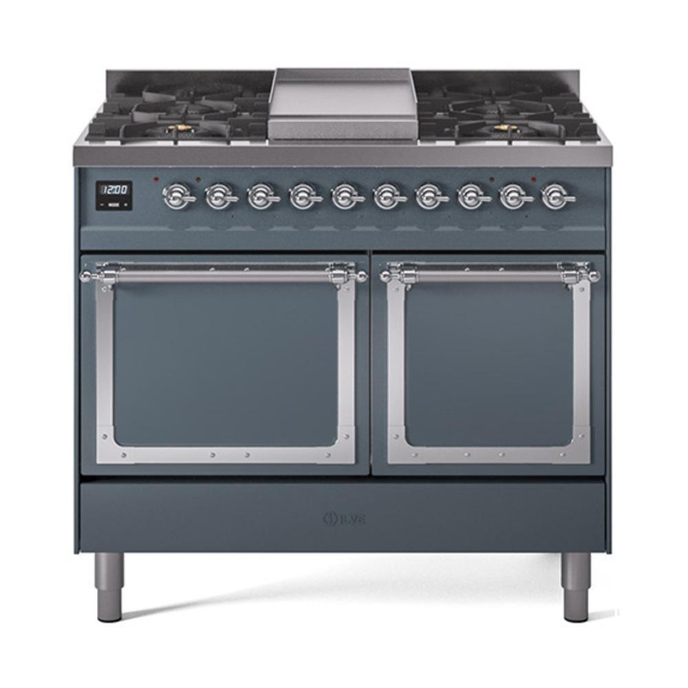 ILVE UND40FQNMPBGCLP Nostalgie II Noblesse 40 inch Dual Fuel Range (Liquid Propane, Solid Door, Blue Grey, Chrome)
