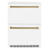 ZLINE Autograph Edition 24 in. Touchstone 168 Can Outdoor-Rated Dual Refrigerator Drawer with White Matte Doors and Polished Gold Handles (RDSOZ-WM-24-G)