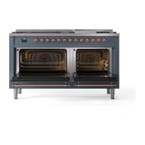 ILVE UN60FNMPBGPLP Nostalgie II Noblesse 60 inch Dual Fuel Range (9 Sealed Burners + Griddle, Liquid Propane, Triple Glass Door, Blue Grey, Copper)