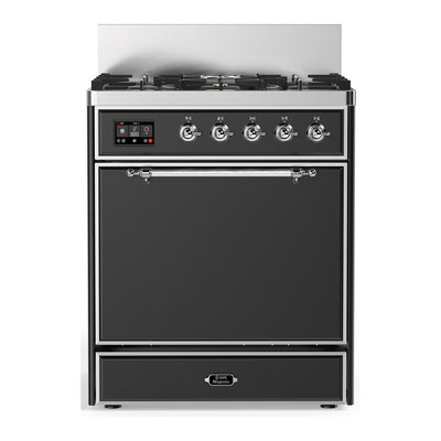 ILVE UM30QNR3MGCLP Majestic III 30 inch Dual Fuel Range with 5 Black Brass Burners, Dual Function Burner up to 25,000 BTU (Liquid Propane, Solid Door, Graphite Matte, Chrome)