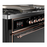 ILVE UM60FSQNR3BKP Majestic III 60 inch Dual Fuel Range with 7 Burners, Griddle and French Top, Dual Function Burner with up to 25,000 BTU (Natural Gas, Solid Door, Glossy Black, Copper)