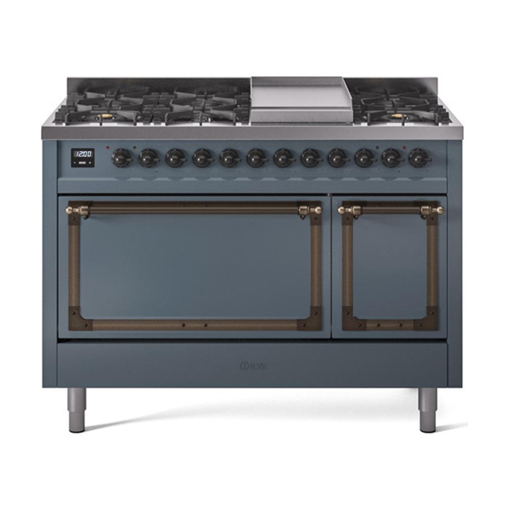 ILVE UN48FQNMPBGB Nostalgie II Noblesse 48 inch Dual Fuel Range (8 Sealed Burners + Griddle, Natural Gas, Solid Door, Blue Grey, Burnished)