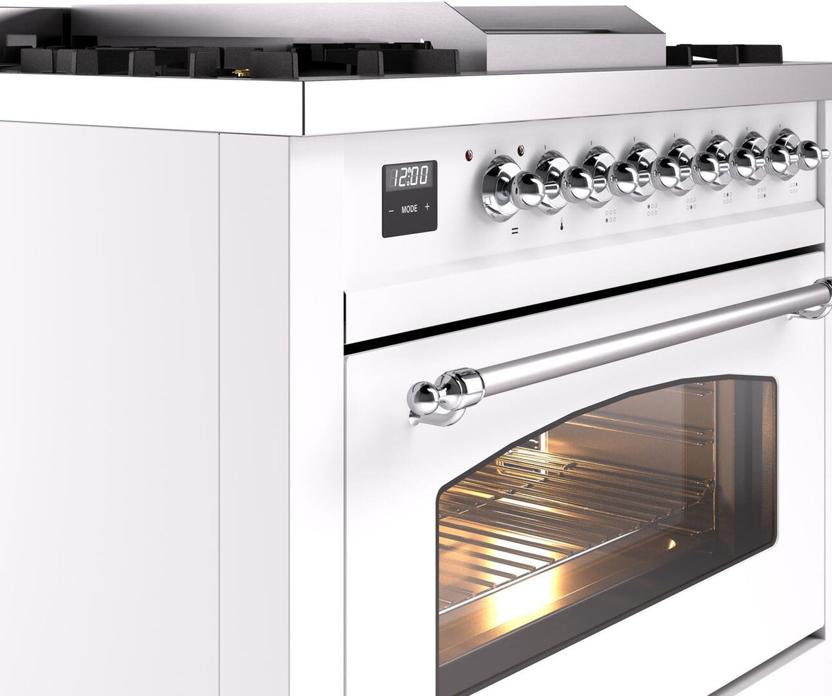 Nostalgie II 36 Inch Dual Fuel Natural Gas Freestanding Range in White with Chrome Trim