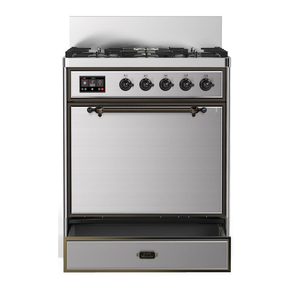 ILVE UM30QNR3SSB Majestic III 30 inch Dual Fuel Range with 5 Black Brass Burners, Dual Function Burner up to 25,000 BTU (Natural Gas, Solid Door, Stainless Steel, Burnished)