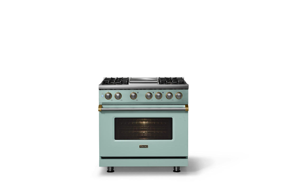 36"W. Dual Fuel Range (Burner: 4g, Finish: Splash, Trim: Brushed Brass, Fuel: Propane)