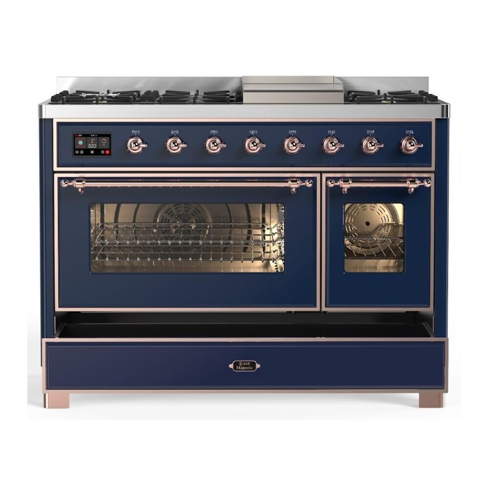 ILVE UM48FNR3MBPLP Majestic III 48 inch Dual Fuel Range with 8 Burners and Griddle, Dual Function Burner up to 25,000 BTU (Liquid Propane, Triple Glass Door, Midnight Blue, Copper)