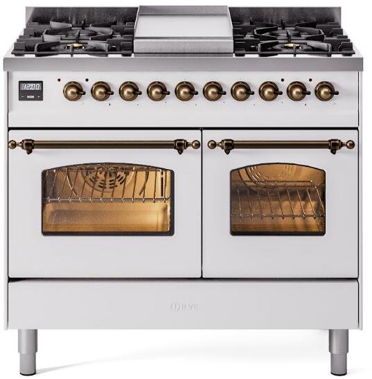 Nostalgie II 40 Inch Dual Fuel Natural Gas Freestanding Range in White with Bronze Trim