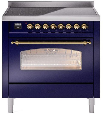 Nostalgie II 36 Inch Electric Freestanding Range in Blue with Brass Trim