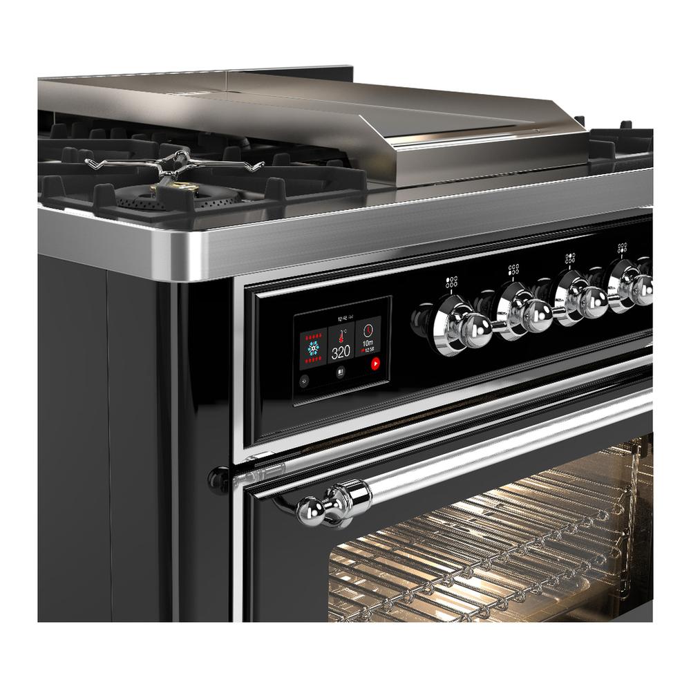 ILVE UM36FNR3BKCLP Majestic III 36 inch Dual Fuel Range with 6 Black Brass Burners and Griddle, Dual Function Burner up to 25,000 BTU (Triple Glass Door, Glossy Black, Chrome, Liquid Propane)