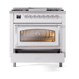ILVE UN36FNMPWHC Nostalgie II Noblesse 36 inch Dual Fuel Range (Natural Gas, Triple Glass Door, White, Chrome)