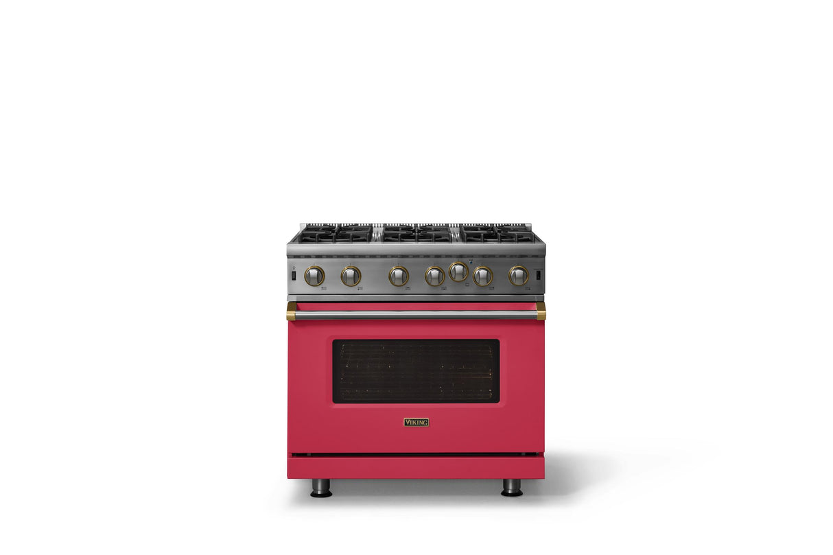 36"W. Open Burner Gas Range (Finish: Valentine, Trim: Brushed Brass, Fuel: Propane)