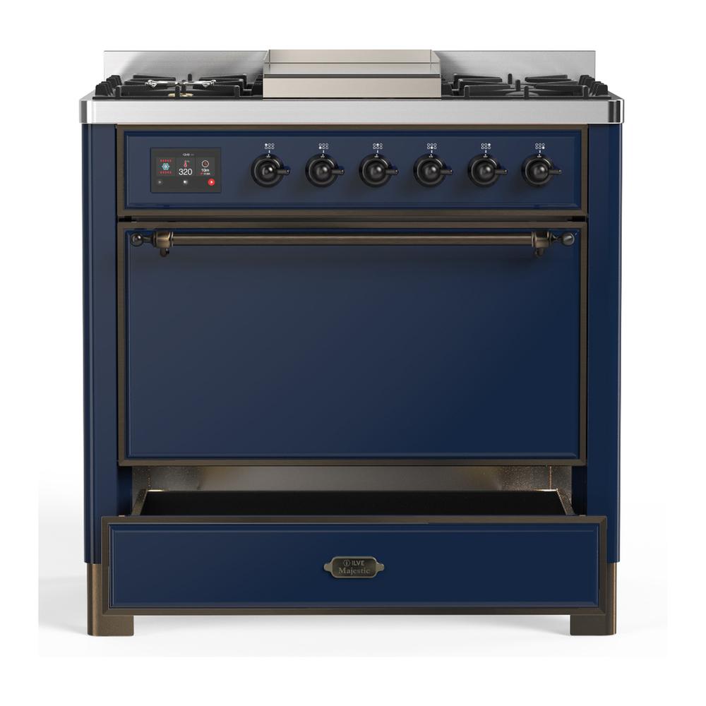 ILVE UM36FQNR3MBBLP Majestic III 36 inch Dual Fuel Range with 6 Black Brass Burners and Griddle, Dual Function Burner up to 25,000 BTU (Solid Door, Midnight Blue, Burnished, Liquid Propane)