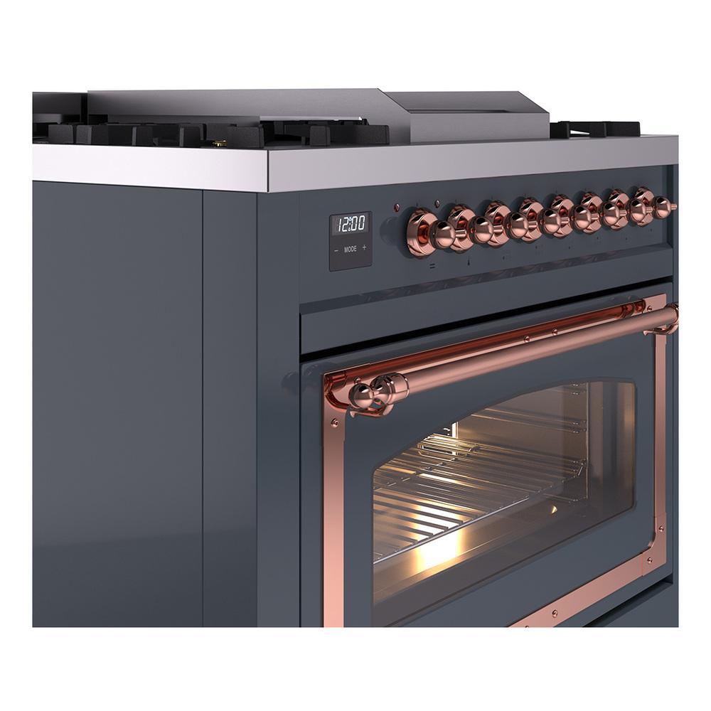 ILVE UN36FNMPBGPLP Nostalgie II Noblesse 36 inch Dual Fuel Range (Liquid Propane, Triple Glass Door, Blue Grey, Copper)