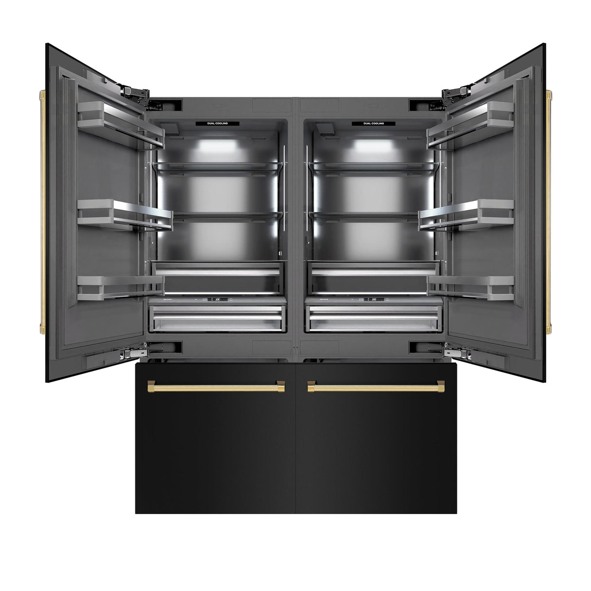 ZLINE Autograph Edition 60 in. 32.2 cu. ft. French Door Built-In Bottom Freezer Refrigerator with Water Dispenser and Ice Maker in Black Stainless Steel with Graphite Gray Interior and Polished Gold Accents (GRBIVZ-BS-60-G)