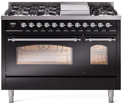 Nostalgie II 48 Inch Dual Fuel Natural Gas Freestanding Range in Glossy Black with Chrome Trim