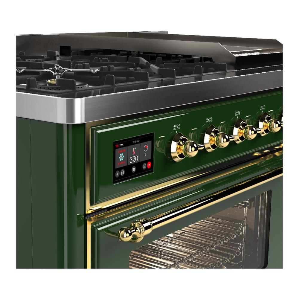 ILVE UM48FNR3EGGLP Majestic III 48 inch Dual Fuel Range with 8 Burners and Griddle, Dual Function Burner up to 25,000 BTU (Liquid Propane, Triple Glass Door, Emerald Green, Brass)