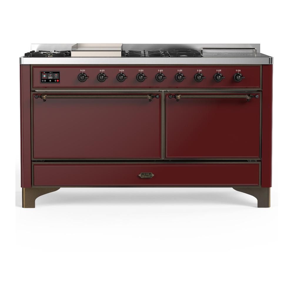 ILVE UM60FSQNR3BUB Majestic III 60 inch Dual Fuel Range with 7 Burners, Griddle and French Top, Dual Function Burner with up to 25,000 BTU (Natural Gas, Solid Door, Burgundy, Burnished)