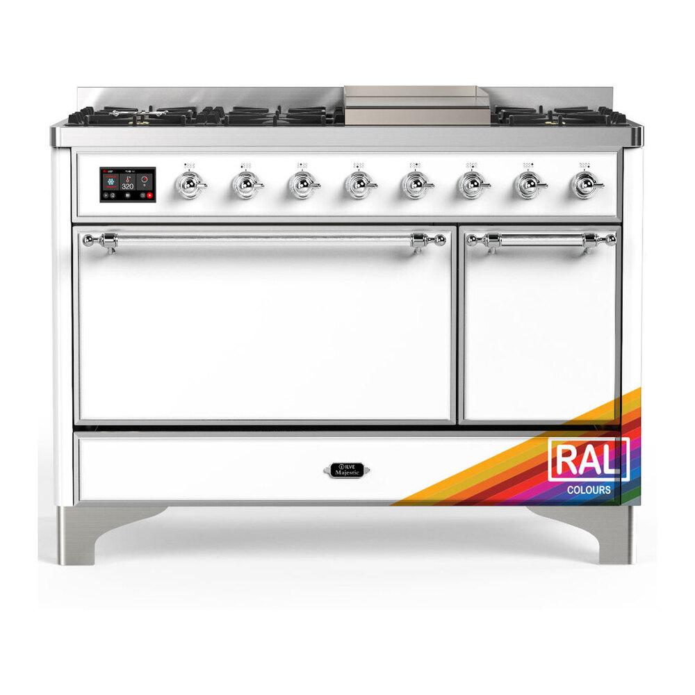 ILVE UM48FQNR3RAC Majestic III 48 inch Dual Fuel Range with 8 Burners and Griddle, Dual Function Burner up to 25,000 BTU (Natural Gas, Solid Door, RAL, Chrome)