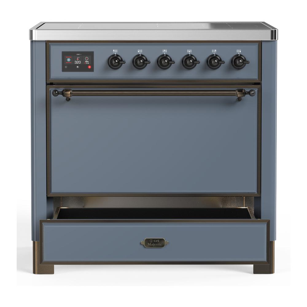 ILVE UMIB36QNR3BGB Majestic III 36 inch Induction Range with 6 Elements, 3.5 cu. ft. Total Oven Capacity (Solid Door, Blue Grey, Burnished)