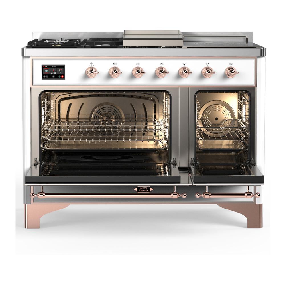 ILVE UM48FSQNR3WHP Majestic III 48 inch Dual Fuel Range with 5 Black Brass Burners, Griddle and French Top, Dual Function Burner up to 25,000 BTU (Natural Gas, Solid Door, White, Copper)