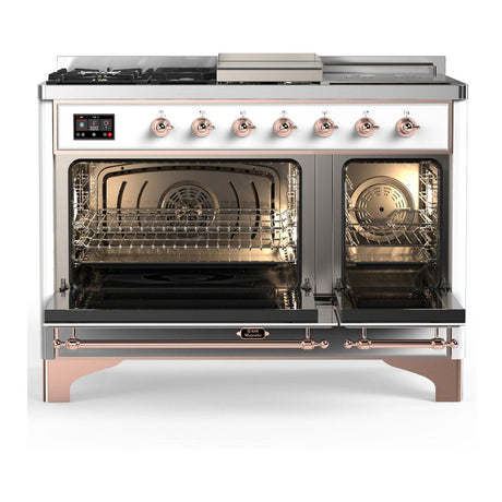 ILVE UM48FSQNR3WHP Majestic III 48 inch Dual Fuel Range with 5 Black Brass Burners, Griddle and French Top, Dual Function Burner up to 25,000 BTU (Natural Gas, Solid Door, White, Copper)