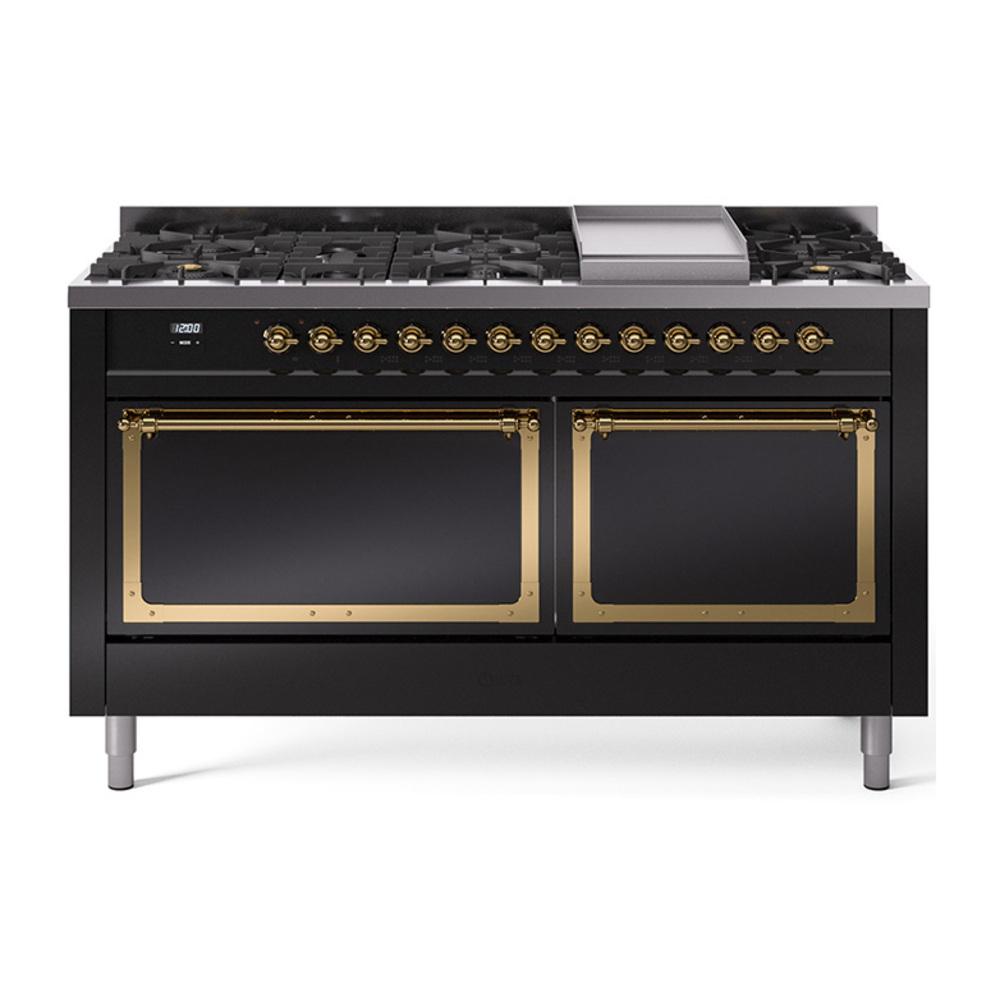ILVE UN60FQNMPBKGLP Nostalgie II Noblesse 60 inch Dual Fuel Range (9 Sealed Burners + Griddle, Liquid Propane, Solid Door, Glossy Black, Brass)