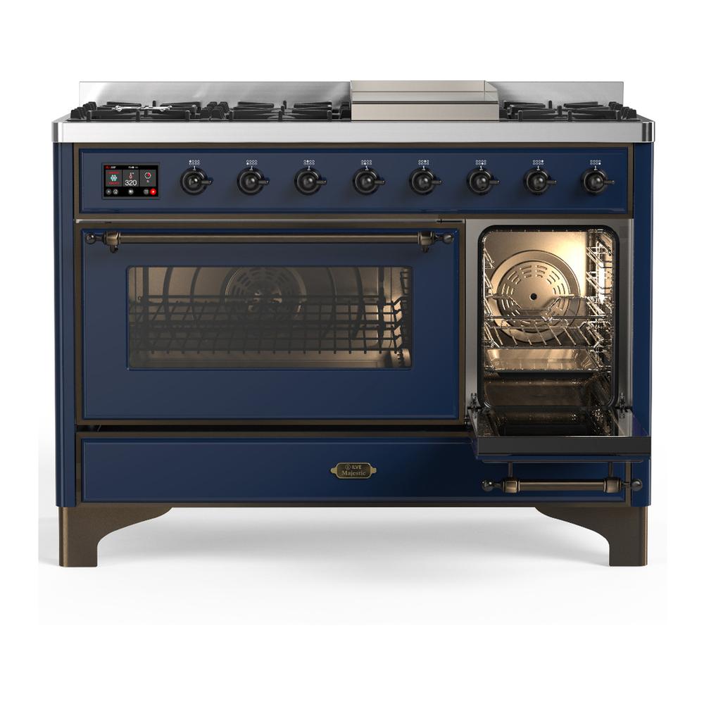 ILVE UM48FNR3MBBLP Majestic III 48 inch Dual Fuel Range with 8 Burners and Griddle, Dual Function Burner up to 25,000 BTU (Liquid Propane, Triple Glass Door, Midnight Blue, Burnished)
