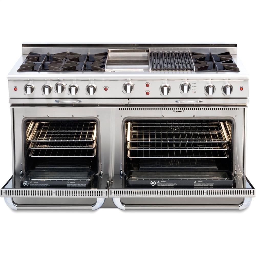 60" Gas Self Clean w/ Rotisserie, 8 Open Burners, 12" Broil Burner