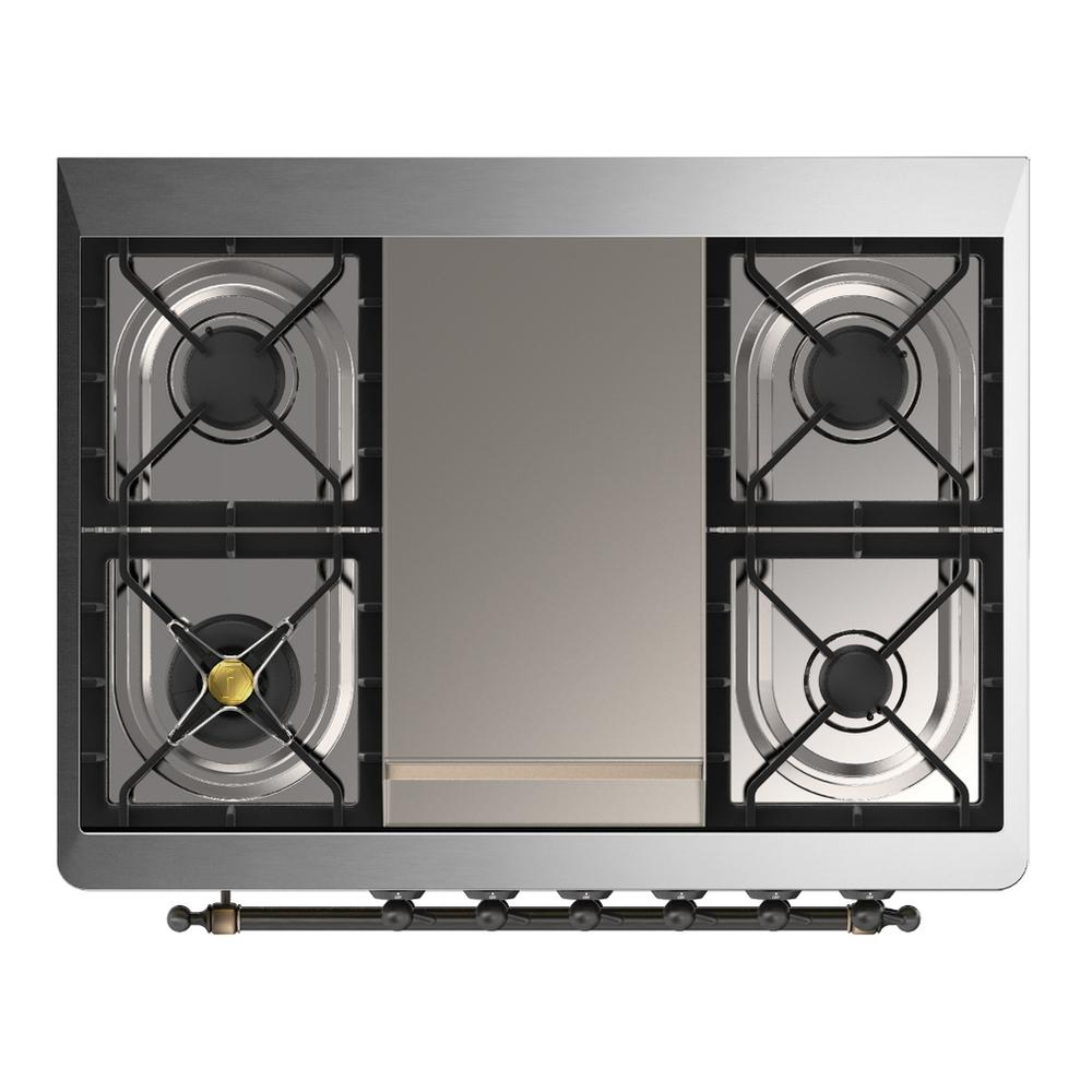 ILVE UM36FQNR3SSB Majestic III 36 inch Dual Fuel Range with 6 Black Brass Burners and Griddle, Dual Function Burner up to 25,000 BTU (Solid Door, Stainless Steel, Burnished, Natural Gas)