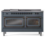 ILVE UN60FSNMPBGB Nostalgie II Noblesse 60 inch Dual Fuel Range (7 Sealed Burners + Griddle + French Top, Natural Gas, Triple Glass Door, Blue Grey, Burnished)