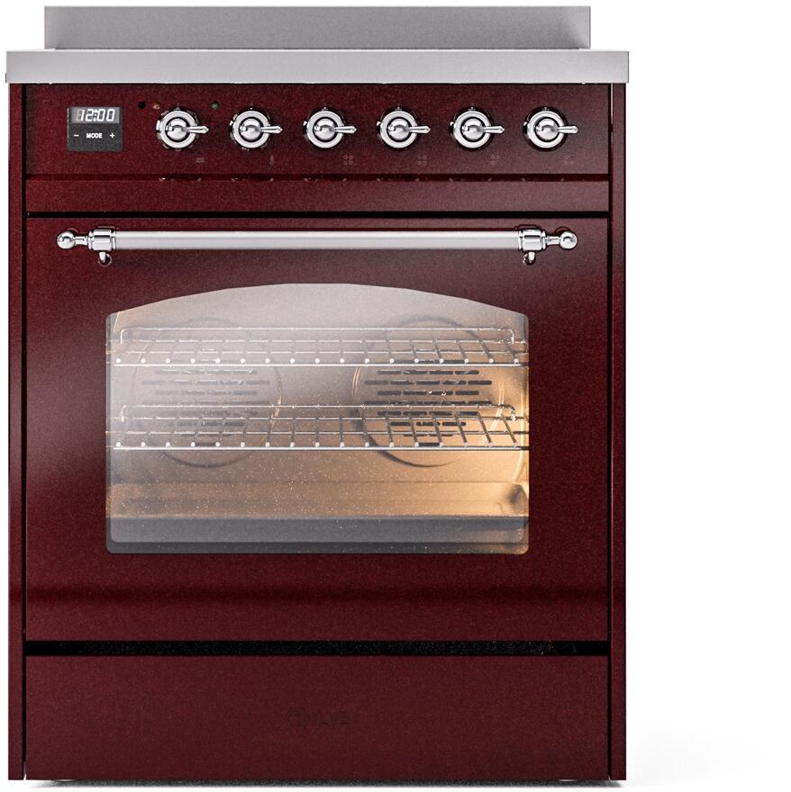 Nostalgie II 30 Inch Electric Freestanding Range in Burgundy with Chrome Trim