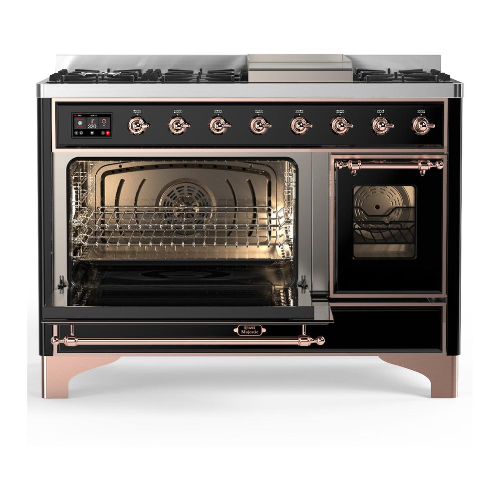 ILVE UM48FNR3BKP Majestic III 48 inch Dual Fuel Range with 8 Burners and Griddle, Dual Function Burner up to 25,000 BTU (Natural Gas, Triple Glass Door, Glossy Black, Copper)