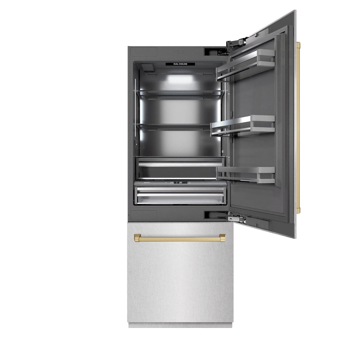 ZLINE Autograph Edition 30 in. 16.1 cu. ft. Built-In Bottom Freezer Refrigerator with Water Dispenser and Ice Maker in DuraSnow' Stainless Steel with Graphite Gray Interior and Champagne Bronze Accents (GRBIVZ-SN-30-CB)
