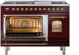 Nostalgie II 48 Inch Dual Fuel Liquid Propane Freestanding Range in Burgundy with Brass Trim