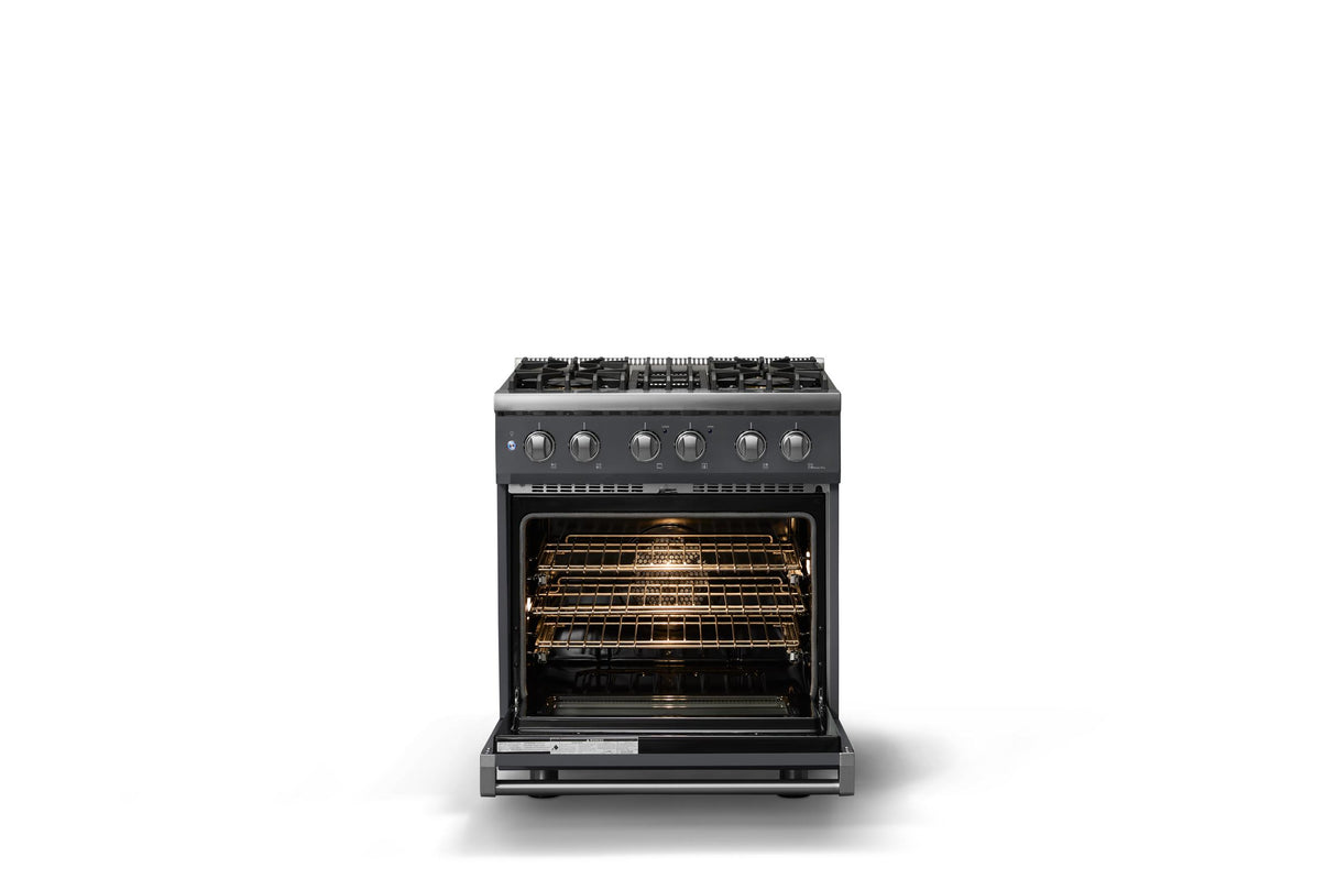 30"W. Dual Fuel Range (Finish: Cast Black, Trim: Polished Chrome, Fuel: Natural Gas)