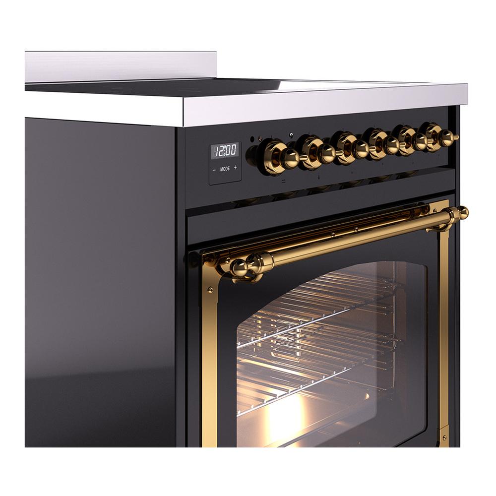 ILVE UNI304NMPBKG Nostalgie II Noblesse 30 inch Induction Range (Triple Glass Door, Glossy Black, Brass)