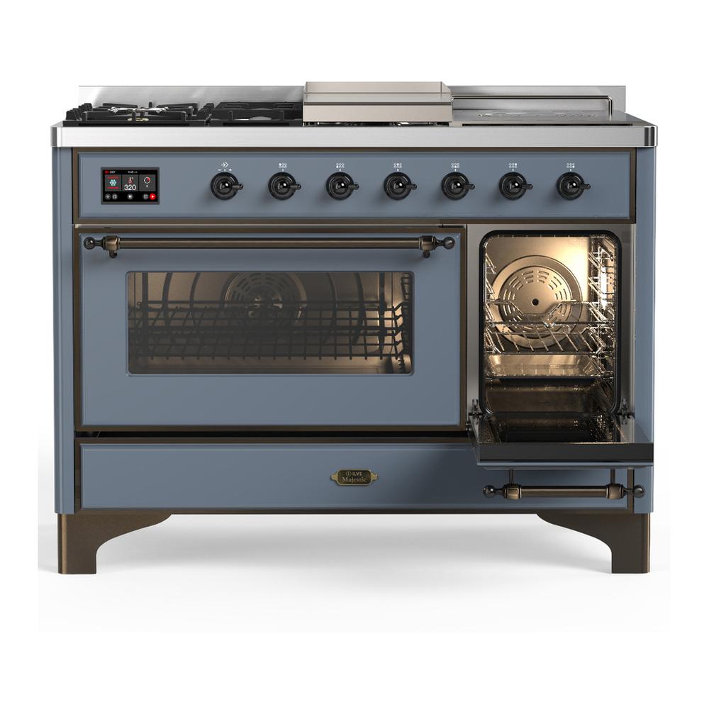 ILVE UM48FSNR3BGB Majestic III 48 inch Dual Fuel Range with 5 Black Brass Burners, Griddle and French Top, Dual Function Burner up to 25,000 BTU (Natural Gas, Triple Glass Door, Blue Grey, Burnished)