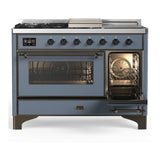 ILVE UM48FSNR3BGB Majestic III 48 inch Dual Fuel Range with 5 Black Brass Burners, Griddle and French Top, Dual Function Burner up to 25,000 BTU (Natural Gas, Triple Glass Door, Blue Grey, Burnished)